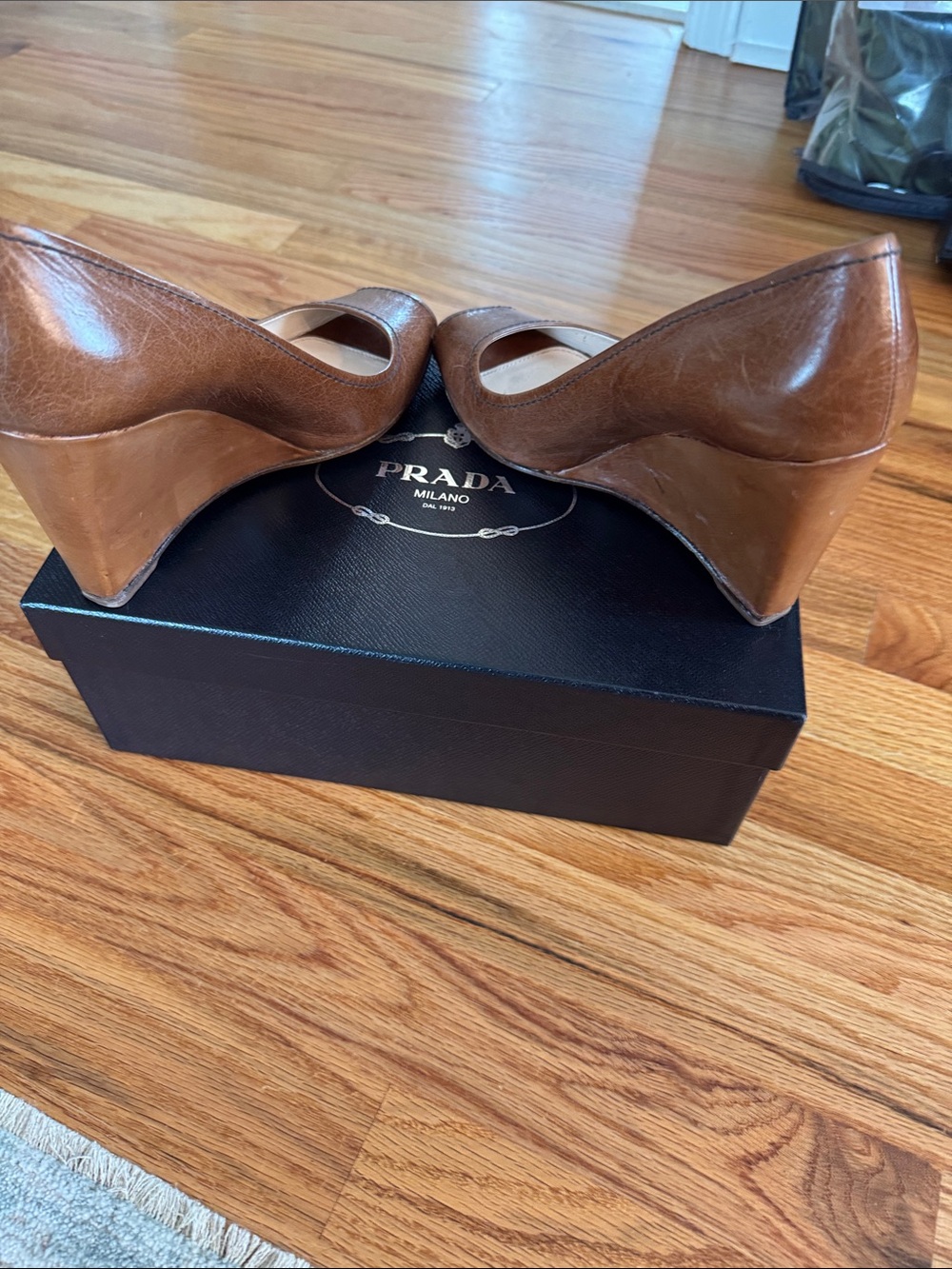 Prada Tan Leather Peep-Toe Heels - Picture 4 of 7